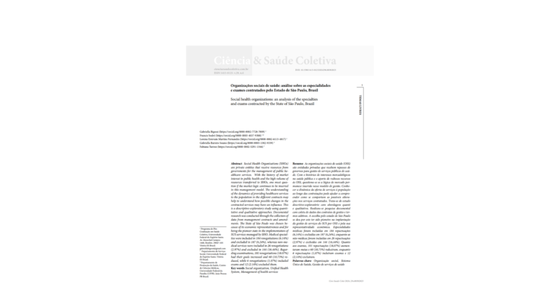 Capa da pesquisa Organizações sociais de saúde análise sobre as especialidades e exames contratados pelo Estado de São Paulo, Brasil