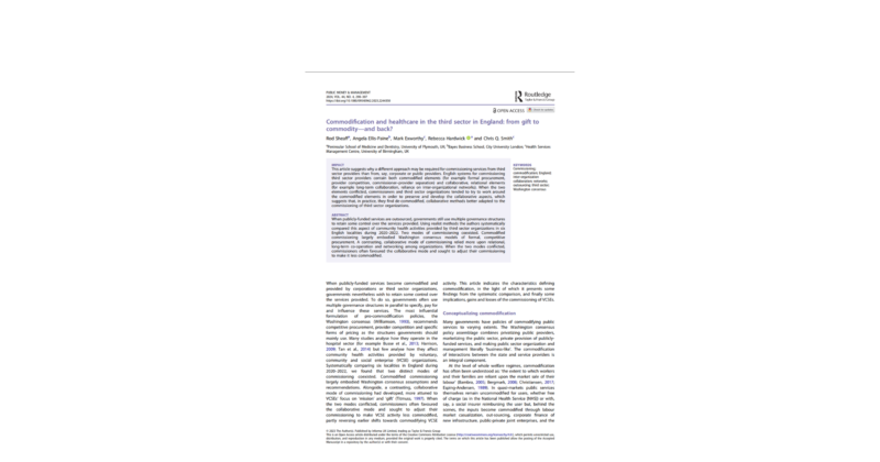 capa da pesquisa Commodification and healthcare in the third sector in England: from gift to commodity - and back