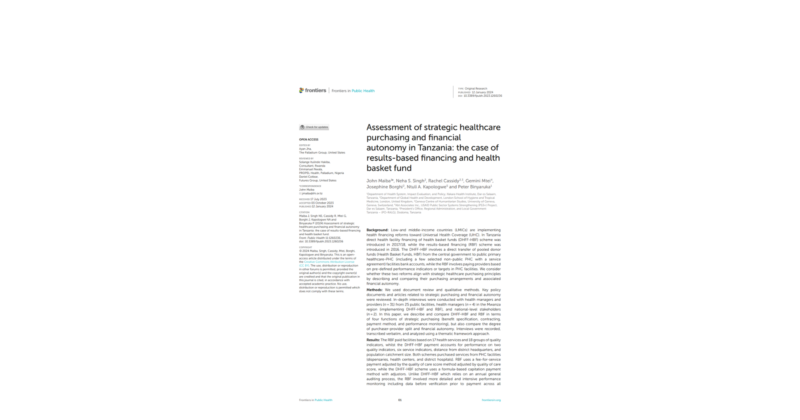 capa da pesquisa Assessment of strategic healthcare purchasing and financial autonomy in Tanzania - the case of results-based financing and health basket fund