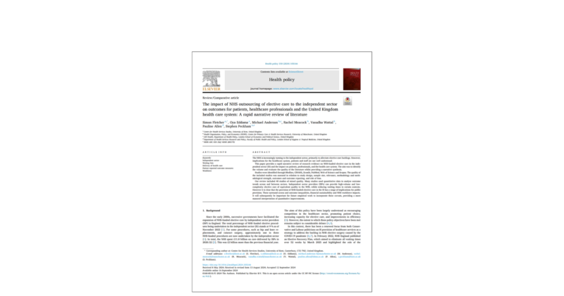 capa do artigo The impact of NHS outsourcing of elective care to the independent sector on outcomes for patients, healthcare professionals and health system